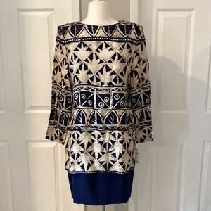 VINTAGE PETITE SOPHISTICATE COLLECTION Navy and Beige Patterned Dress Size 8